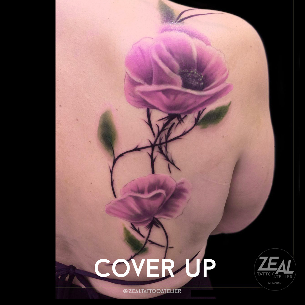cover up tattoo, puppy flower tattoo, flower tattoo